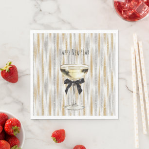 Happy New Year Black Bow Gold Silver Champagne Napkin
