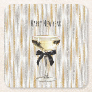 Happy New Year Black Bow Gold Silver Champagne Square Paper Coaster