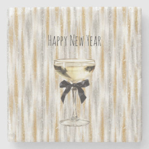 Happy New Year Black Bow Gold Silver Champagne Stone Coaster