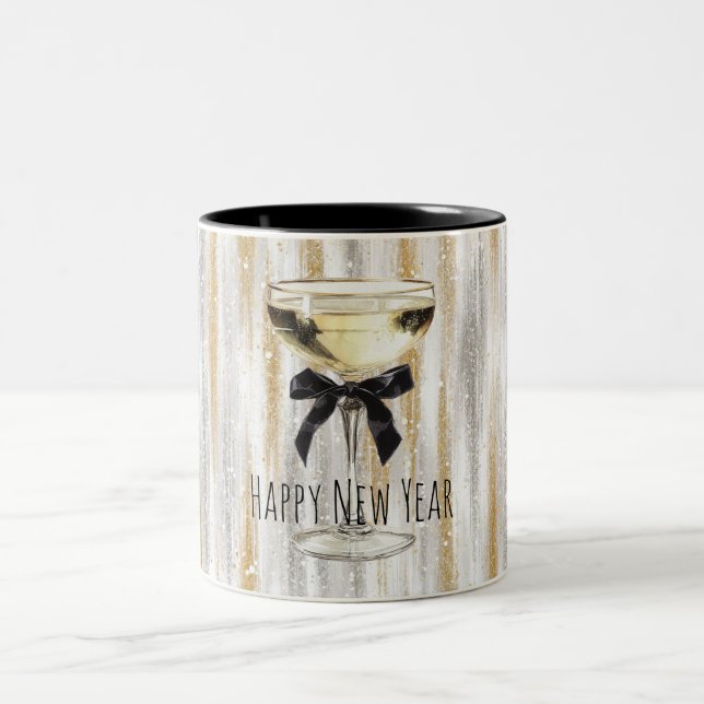 Happy New Year Black Bow Gold Silver Champagne Two-Tone Coffee Mug (Center)