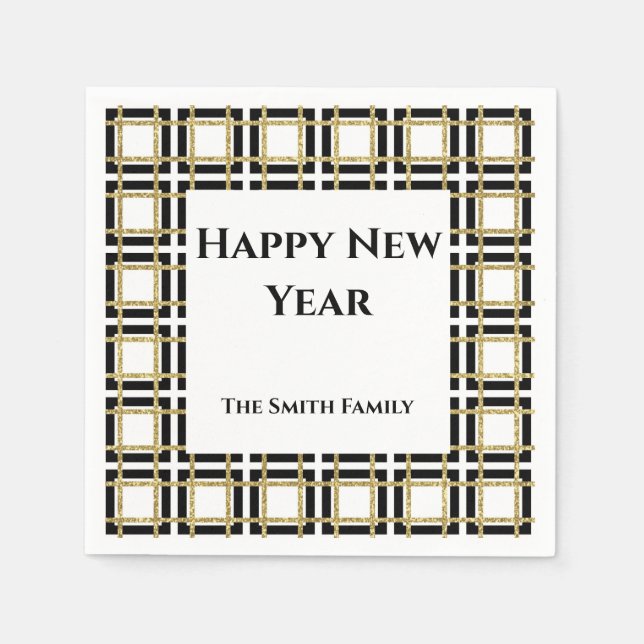 Happy  New Year Black Gold Boxes Paper Napkin (Front)
