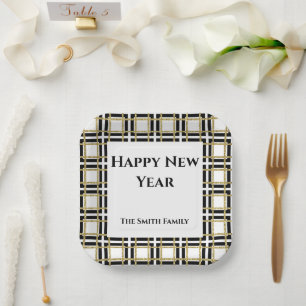 Happy  New Year Black Gold Boxes Paper Plate