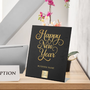 Happy New Year black gold business logo Pedestal Sign