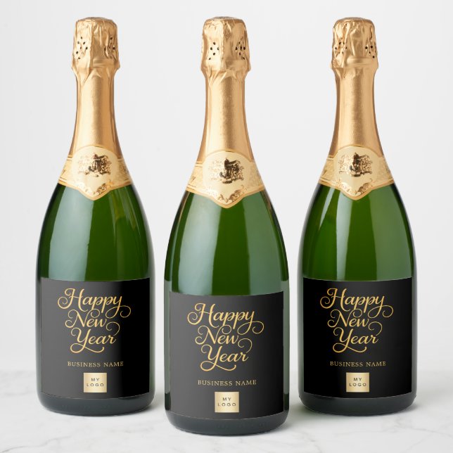 Happy New Year black gold business logo Sparkling Wine Label (Bottles)