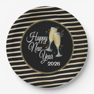 Happy New Year Black & Gold, Champagne Paper Plate