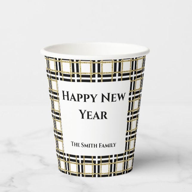 Happy New Year Black Gold Chequered BoxesPaper cup (Front)