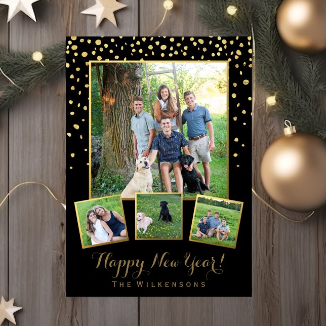 Happy New Year Black & Gold Confetti Photo Collage Holiday Card (Creator Uploaded)
