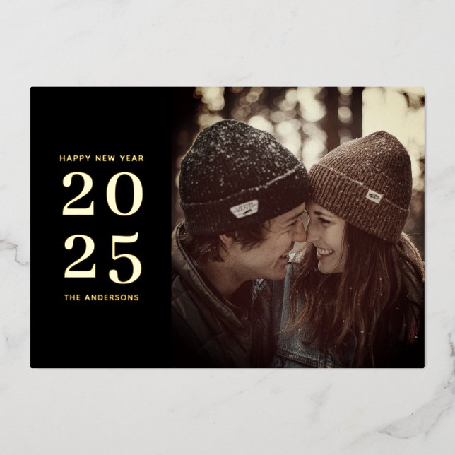 Happy New Year. Black gold elegant minimalist Foil Holiday Card (Front)