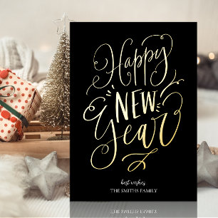 Happy New Year Black Gold Script Modern Non Photo Foil Holiday Card