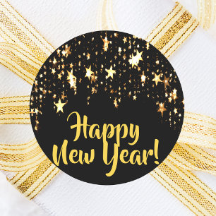 Happy New Year black gold shining stars Classic Round Sticker