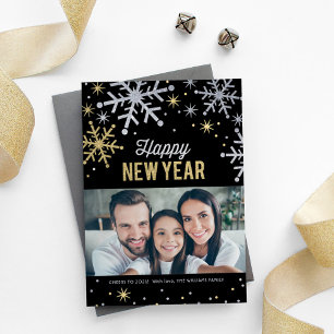 Happy New Year Black Gold Silver Snowflake Photo Holiday Card