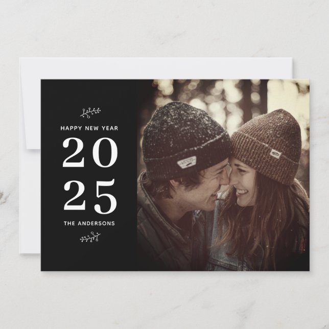 Happy New Year. Black minimalist typography photo Holiday Card (Front)