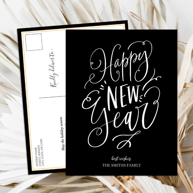 Happy New Year Black Script Modern Non Photo Holiday Postcard (Creator Uploaded)