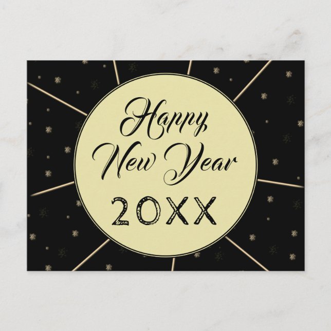 Happy New Year Black Script Star pattern Holiday Postcard (Front)