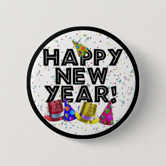 Happy New Year - Black Text with Party Hats 6 Cm Round Badge