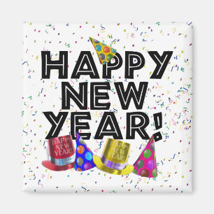 Happy New Year - Black Text with Party Hats Magnet