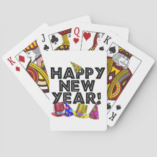 Happy New Year - Black Text with Party Hats Playing Cards