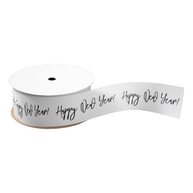 Happy New Year! Black White Chic Cursive Text Gros Grosgrain Ribbon (Spool)