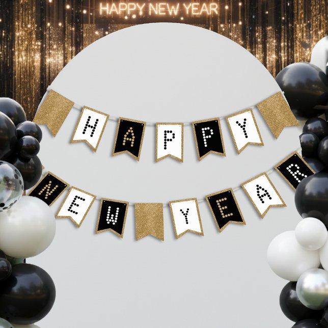 Happy New Year Black White & Gold Glitter Bunting (Creator Uploaded)
