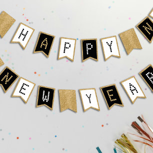 Happy New Year Black White & Gold Glitter Bunting