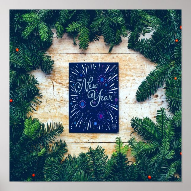Happy New Year Blue and Green Pine Poster (Front)