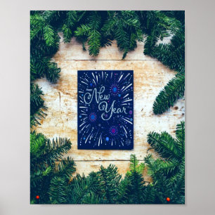 Happy New Year Blue and Green Pine Poster