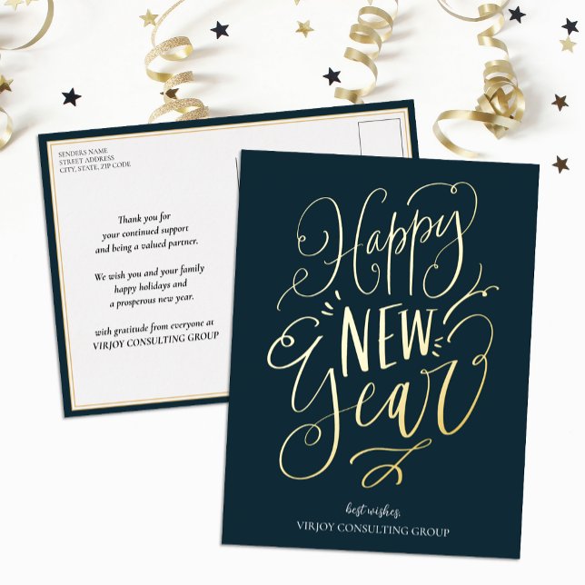 Happy New Year Blue Gold Script Modern Business Foil Holiday Postcard (Creator Uploaded)