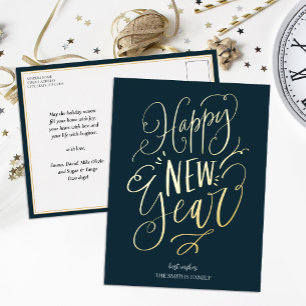 Happy New Year Blue Gold Script Modern Non Photo Foil Holiday Postcard