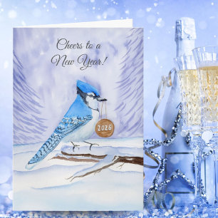Happy New Year Blue Jay Holding a 2026 Wooden Sign Card