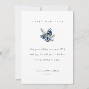 Happy New Year Blue Pinecones Flat Card