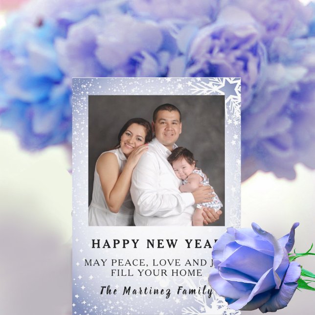Happy New Year Blue Snow Scene Family Flat Card (Creator Uploaded)