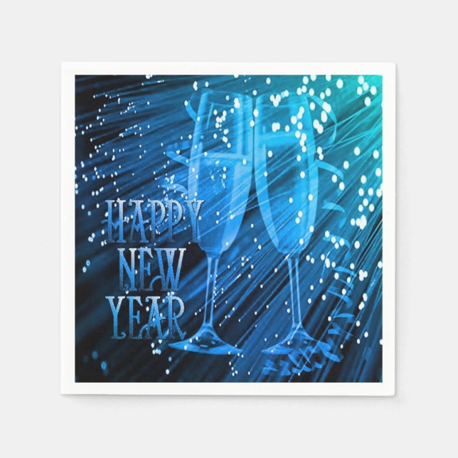 Happy New Year Blue Sparkle Glasses Napkins (Front)