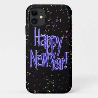 Happy New Year - Blue Text on Black Confetti iPhone 11 Case