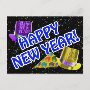 HAPPY NEW YEAR! Blue Text w/Party Hats Holiday Postcard