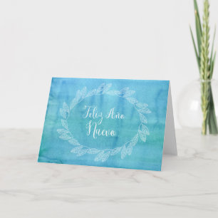 Happy New Year Blue Watercolor Wreath Spanish Holiday Card