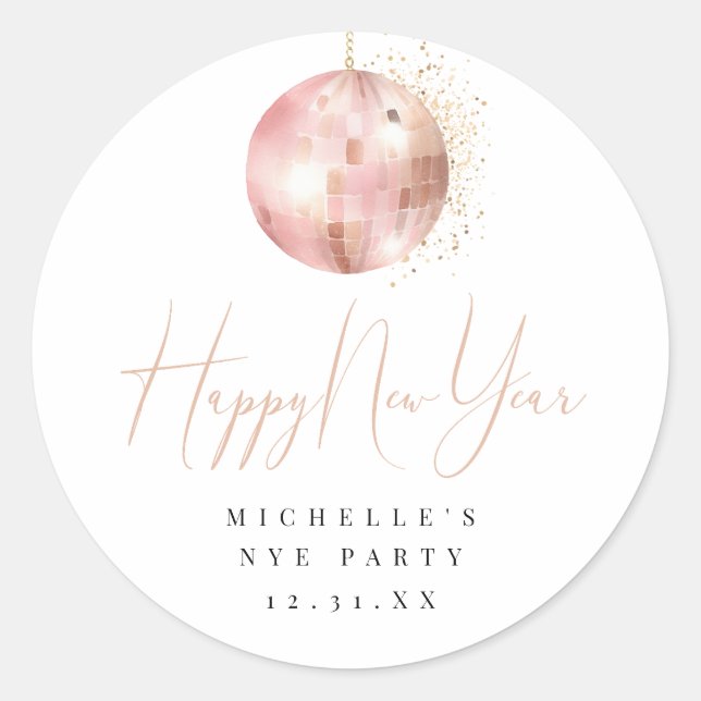 Happy New Year Blush Pink Rose Gold Disco Ball Classic Round Sticker (Front)