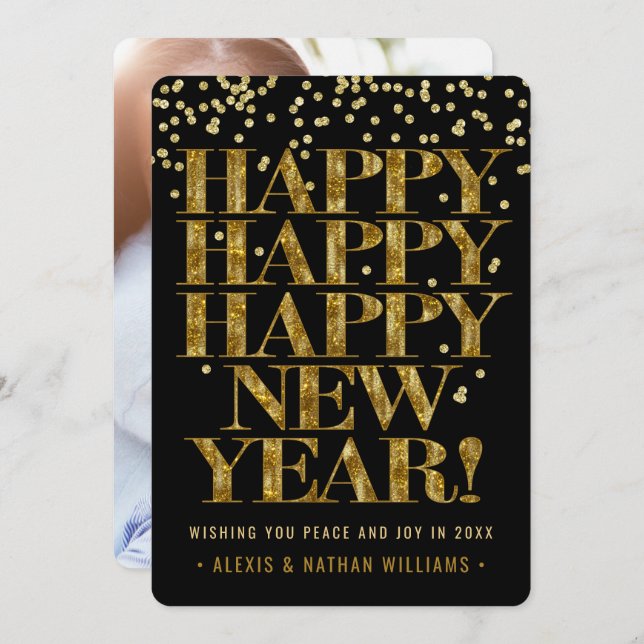Happy New Year | Bold Gold Confetti 1 Photo Holiday Card (Front/Back)
