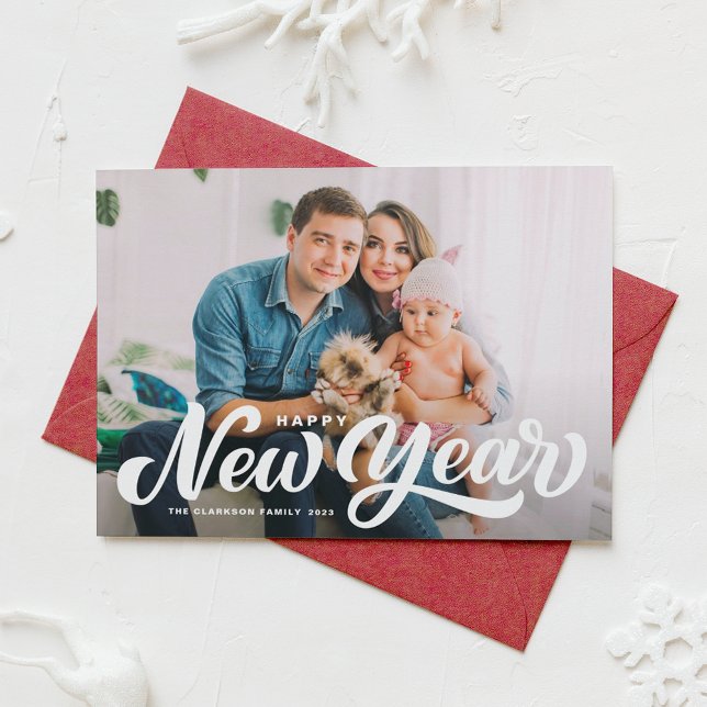 Happy New Year Bold Script Photo Overlay Holiday Card (Creator Uploaded)