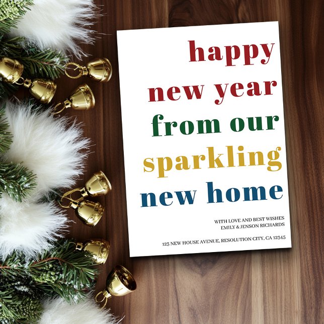 Happy New Year Bold Typography New Home Announcement (New Year New Home Card from the Holiday Moving Announcements Collection by Darling & May)