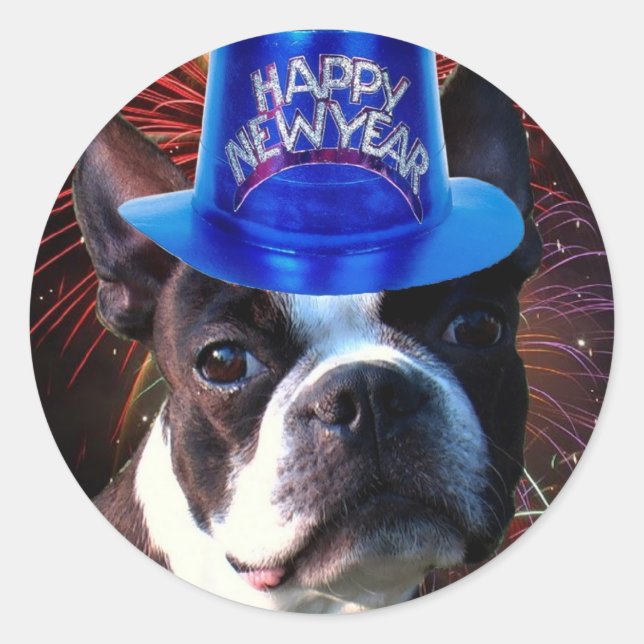 Happy New Year Boston terrier stickers (Front)