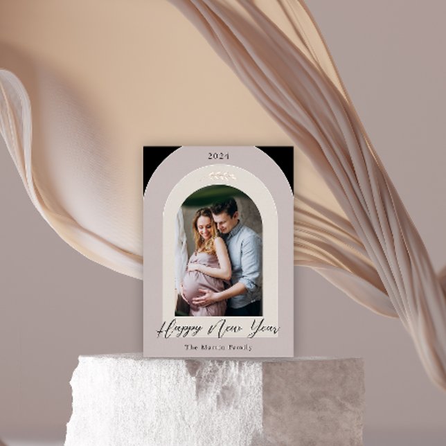 Happy New Year Botanical Arch Photo Foil Holiday Card (Creator Uploaded)