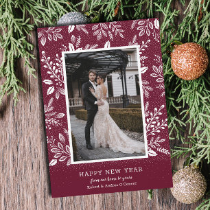 Happy New Year Botanicals on Cranberry Photo Holiday Card