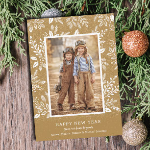 Happy New Year Botanicals on Gold Photo Holiday Card
