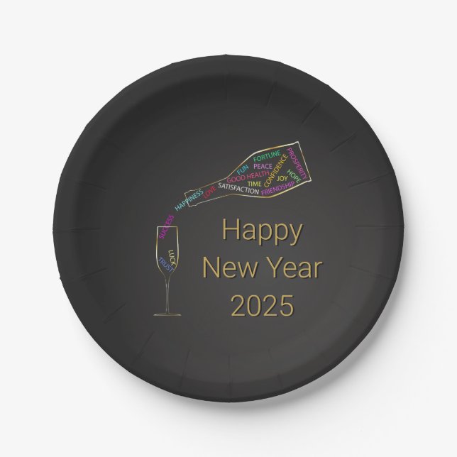 Happy New Year Bottle Glass Colourful Motivation Paper Plate (Front)