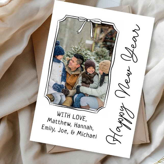 Happy New Year Bow Minimalist Black & White Photo Holiday Card (Creator Uploaded)