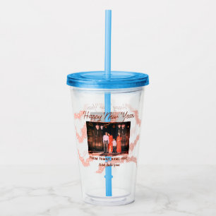 Happy new year brown add photo family name glitter acrylic tumbler