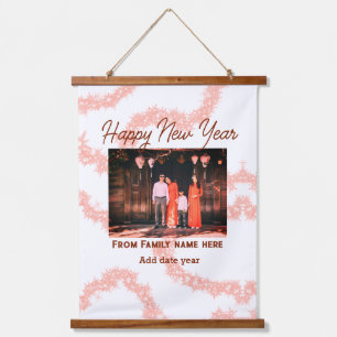 Happy new year brown add photo family name glitter hanging tapestry