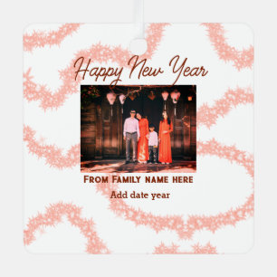 Happy new year brown add photo family name glitter metal tree decoration