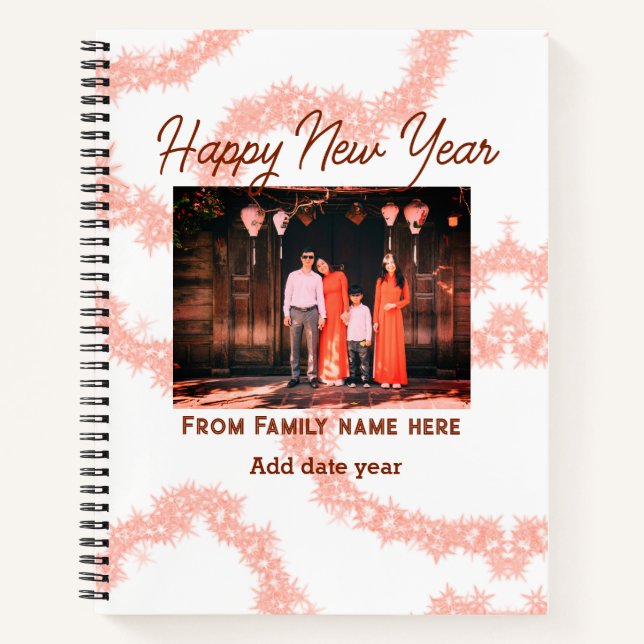 Happy new year brown add photo family name glitter notebook (Front)