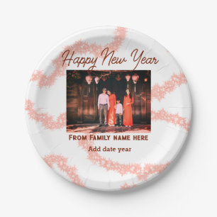 Happy new year brown add photo family name glitter paper plate